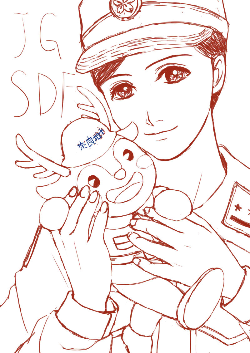 下描き。女性自衛官とりくしかくん（奈良地方協力本部のマスコットキャラクター）