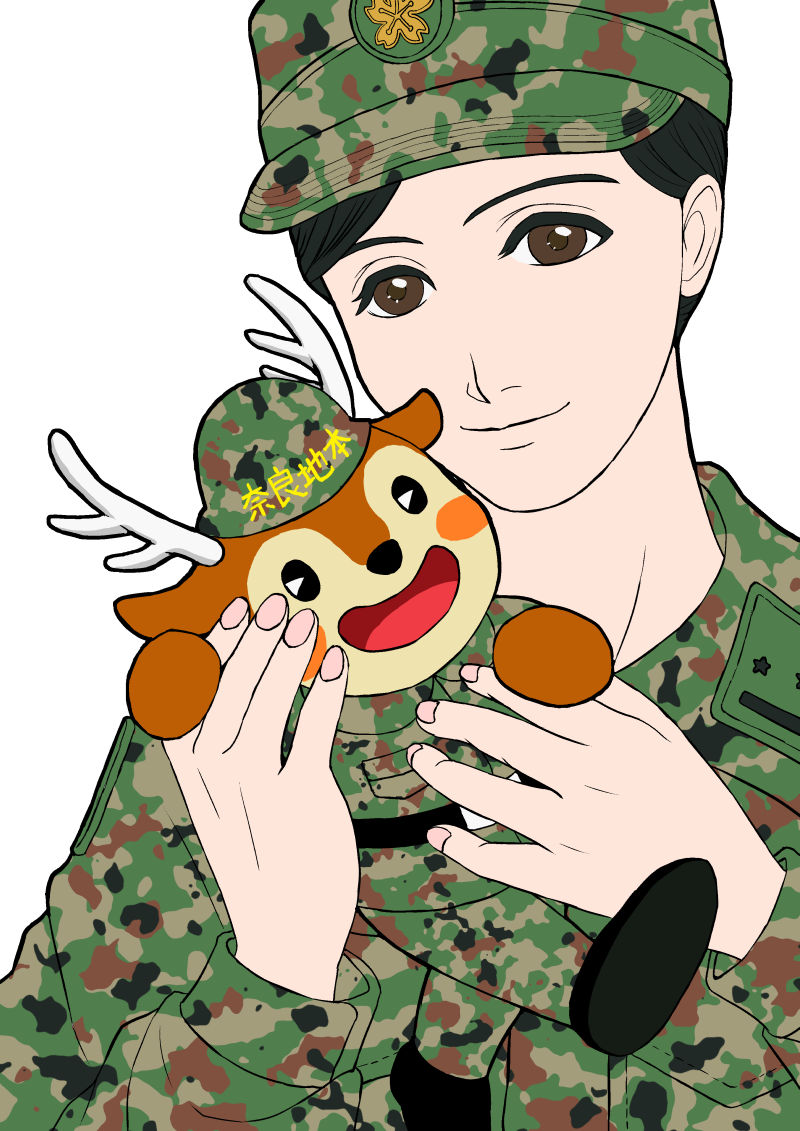 バケツ塗り。女性自衛官とりくしかくん（奈良地方協力本部のマスコットキャラクター）
